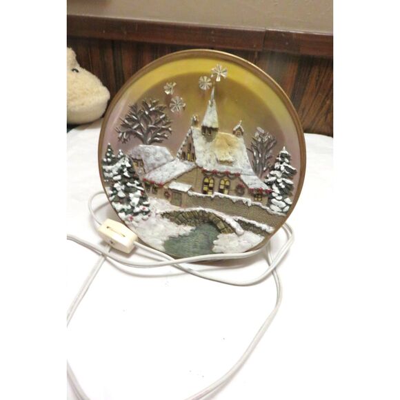 Vintage Plug In Lighted 3D Round 6.75" Plate of Church Christmas Scene Beautiful - Picture 1 of 3